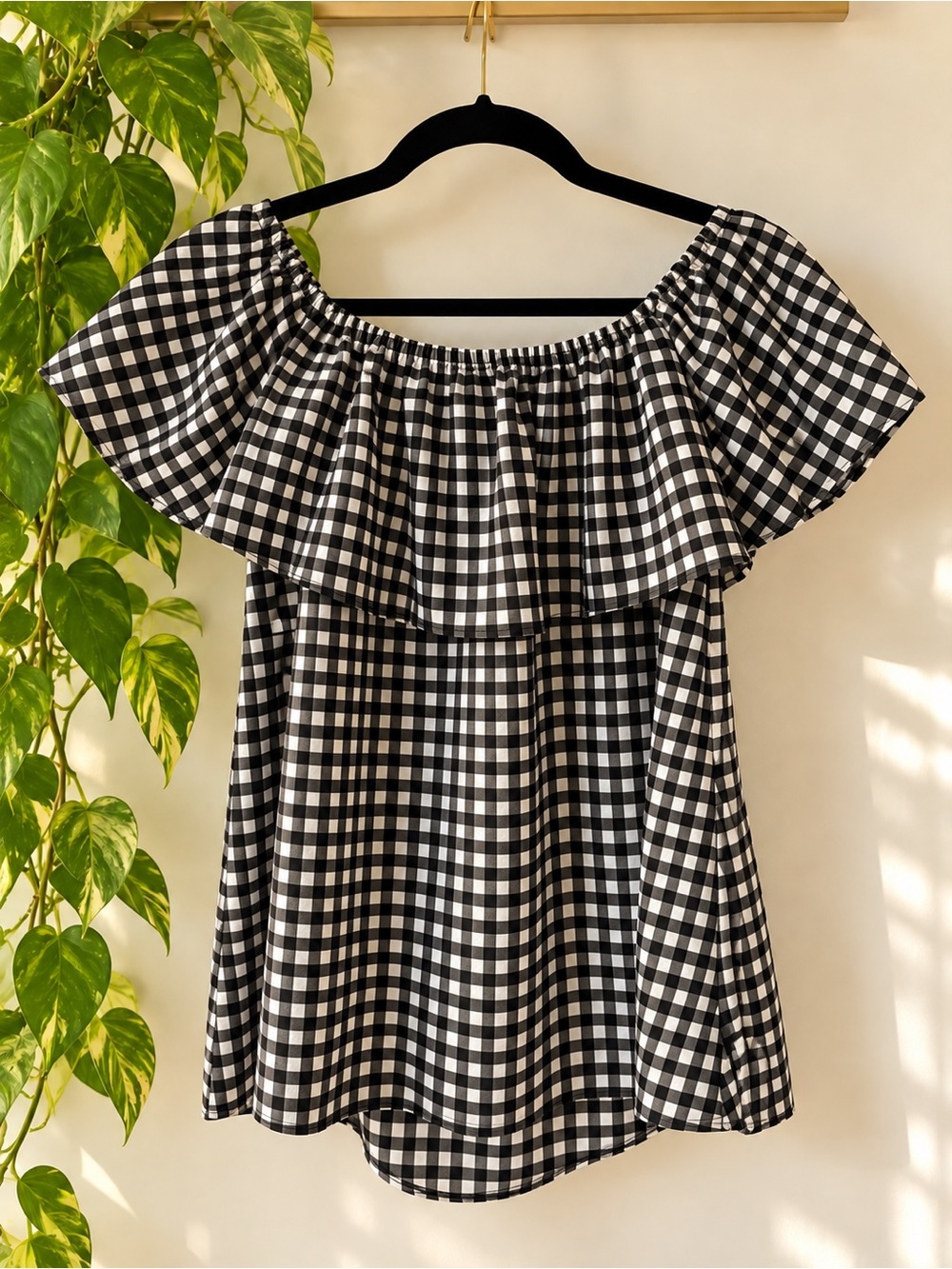 Sanctuary Size Small Black White Gingham Ruffle Off Shoulder Top